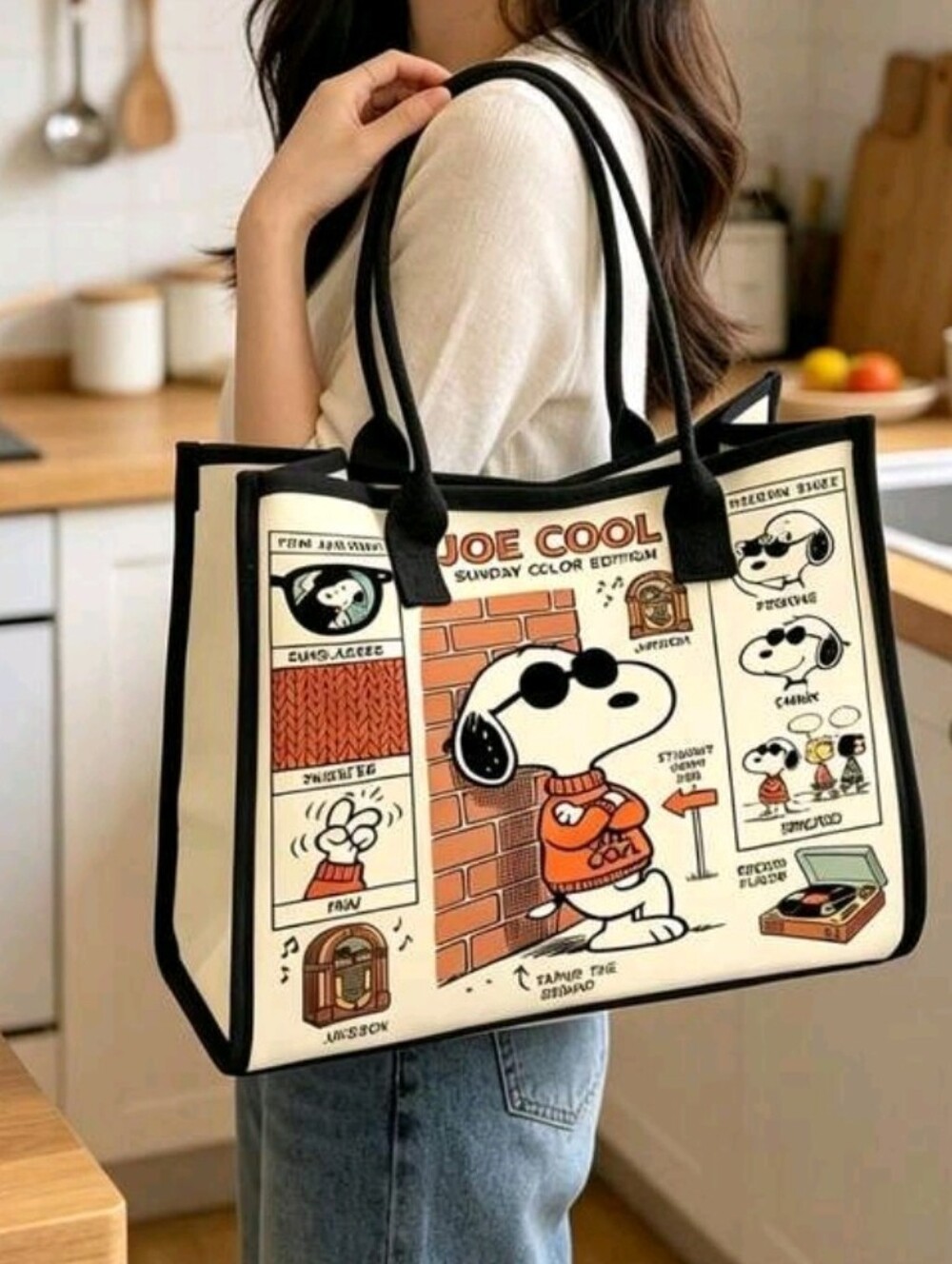 Snoopy 'Joe Cool' Graphic Tote Bag - Cream & Black